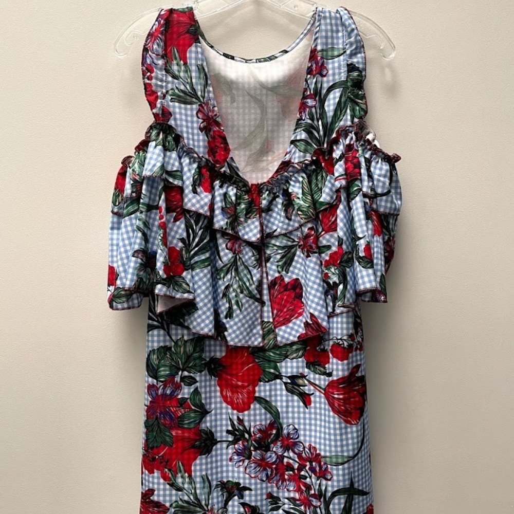 Blue Gingham Dress with Rose Print